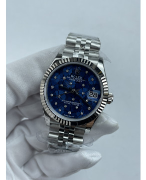 (준비완료/특급배송)NO.3603/롤렉스 데이저스트 31mm 여성용 시계 플로럴 모티프 아주로 블루 다이얼 플루티드 베젤 쥬빌레 밴드 (QP공장)